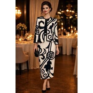 St. John Evening Silk Maxi Skirt & Beaded Jacket 2 Piece Set Sz 6 Black Ivory